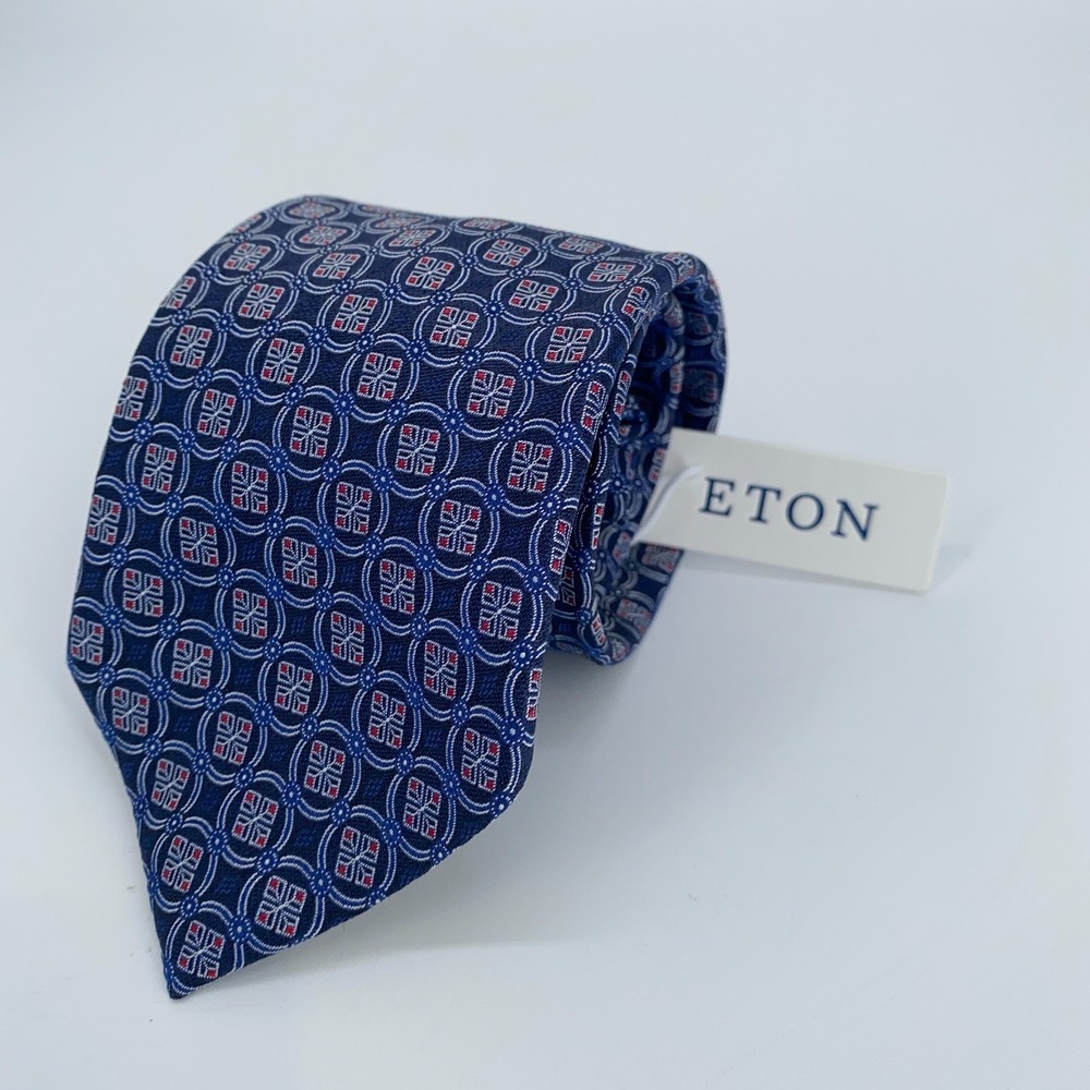 Eton Tie Mens One Size Navy Blue Patterned Silk Classic Necktie Italy Made NWT